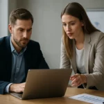 Két szakember ügyfélintelligencia adatokat elemez a laptopon.