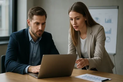 Két szakember ügyfélintelligencia adatokat elemez a laptopon.