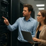 Két szakértő dolgozik egy perem adatközpont szerverei mellett.