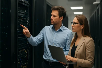 Két szakértő dolgozik egy perem adatközpont szerverei mellett.