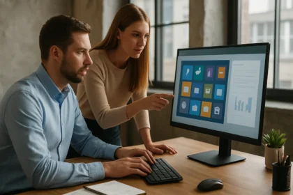 Digitális munkaterület bemutatása munkatársakkal a számítógépnél