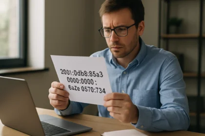 Férfi elemzi az IPv6 címet számítógép előtt