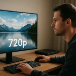 Férfi 720p felbontású HD monitor előtt, technológiai környezetben.