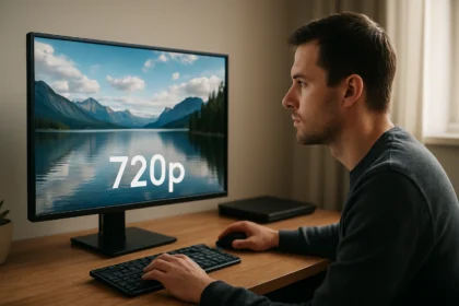 Férfi 720p felbontású HD monitor előtt, technológiai környezetben.
