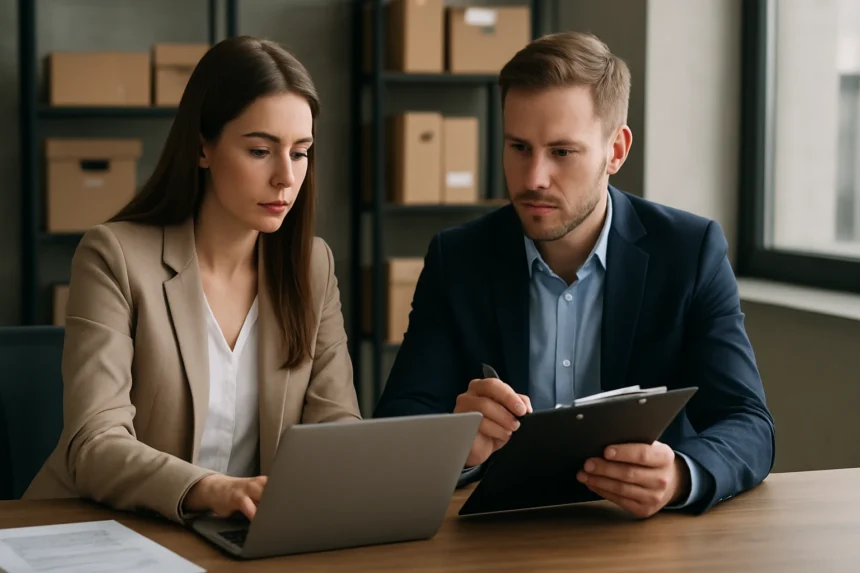 Két szakember rendeléskezelést tárgyal egy irodában, laptop előtt.