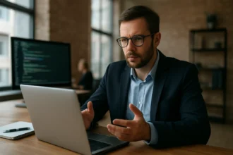 CTO dolgozik a laptopján, miközben technológiai stratégiát tervez.