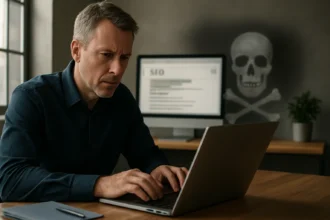 Férfi, aki laptopot használ, háttérben vazsákkal és csontváz grafikával.