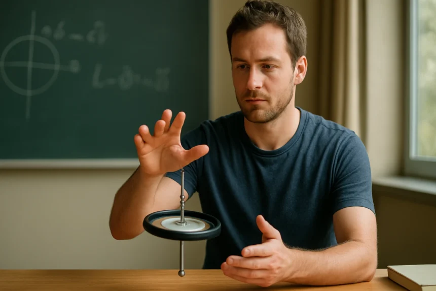 Mérnök a perdületmegmaradásra koncentrálva, miközben egy pörgettyűt figyel.