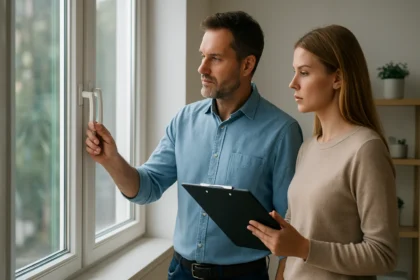 Férfi és nő ablakkezelésről beszél, figyelmesen elemeznek.