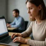 Nő laptopon dolgozik, állapotsor alkalmazásával a szoftverben.