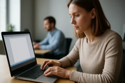 Nő laptopon dolgozik, állapotsor alkalmazásával a szoftverben.
