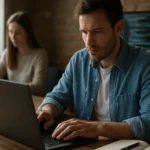 Programozó férfi laptop előtt, programozás közben és részletes útmutatót olvasva.