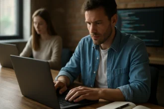 Programozó férfi laptop előtt, programozás közben és részletes útmutatót olvasva.