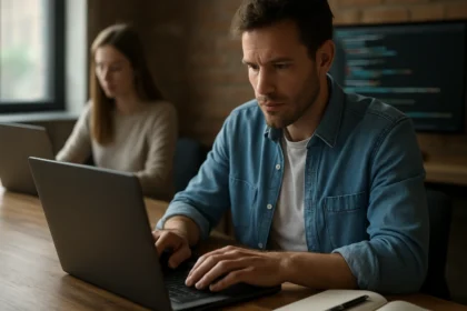 Programozó férfi laptop előtt, programozás közben és részletes útmutatót olvasva.