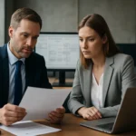 Két üzletember ISO 9000 minőségirányítási szabványokról diskurál