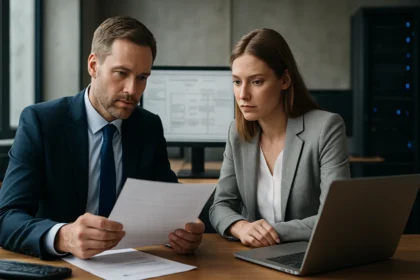 Két üzletember ISO 9000 minőségirányítási szabványokról diskurál