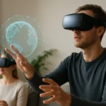 Férfi VR szemüvegben, interaktív digitális globussal