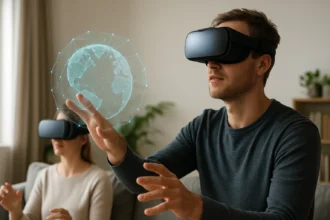 Férfi VR szemüvegben, interaktív digitális globussal