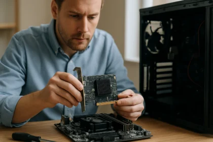 Felhasználó bővítőkártyát telepít egy számítógép alaplapra.