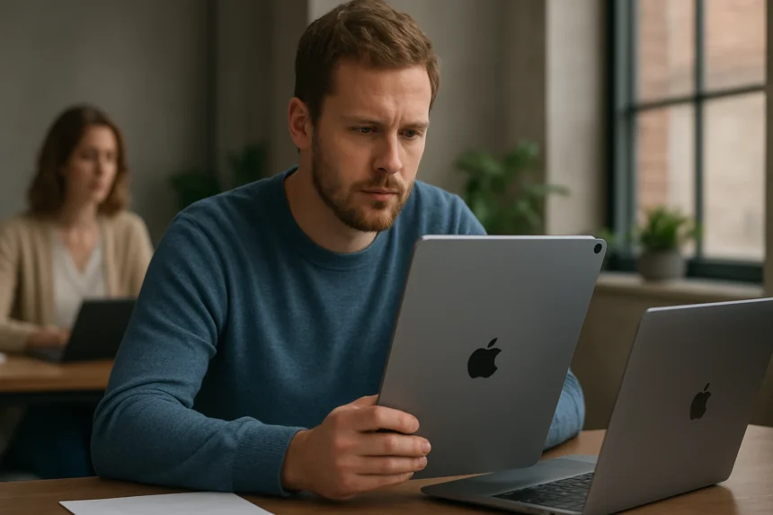 Férfi Apple eszközöket használ a munkahelyén, gépi tanulással kapcsolatos feladatokhoz.