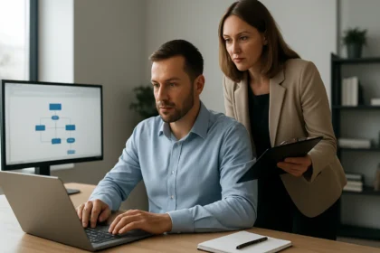 Két kolléga együttműködik a Microsoft Power Automate munkafolyamat automatizálásán.