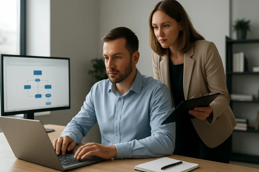 Két kolléga együttműködik a Microsoft Power Automate munkafolyamat automatizálásán.