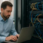 Férfi dolgozik egy számítástechnikai szerveren peremcsomóponton.