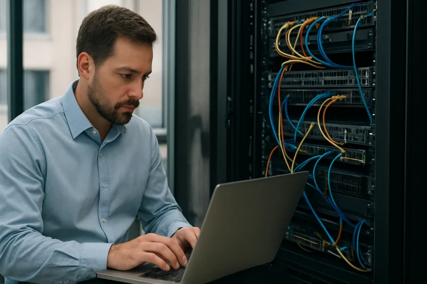 Férfi dolgozik egy számítástechnikai szerveren peremcsomóponton.