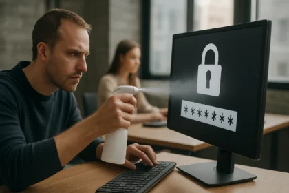 Férfi jelszópermetezés tükrözésével egy számítógép monitoron.