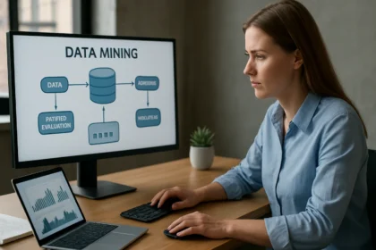 Egy nő Data Mining folyamatait elemzi számítógép előtt.