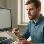 Férfi a számítógép előtt jegyzetel a vágólap használatával