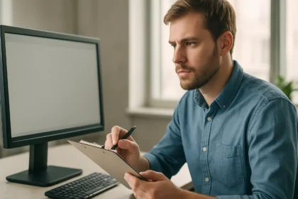 Férfi a számítógép előtt jegyzetel a vágólap használatával