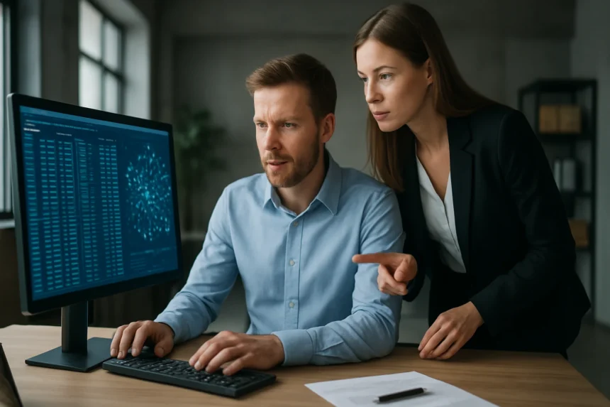 Két szakember az MPP adatbázis adatelemzésén dolgozik