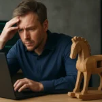 Férfi aggodalmaskodik számítógép előtt, trójai ló szoborral
