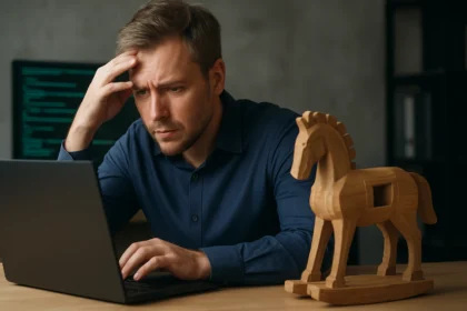 Férfi aggodalmaskodik számítógép előtt, trójai ló szoborral