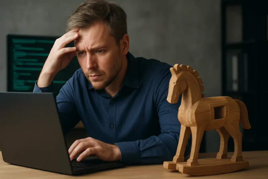 Férfi aggodalmaskodik számítógép előtt, trójai ló szoborral