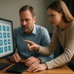 Két ember a vezérlőpult beállításait nézi számítógépen