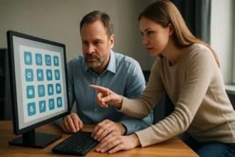 Két ember a vezérlőpult beállításait nézi számítógépen