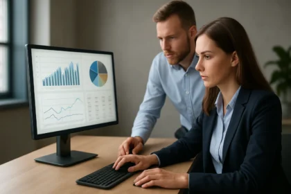 Adatfeldolgozás, üzleti hatékonyság elemzése számítógépen.