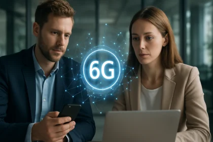 Két szakember a 6G technológia jövőjéről beszélget a munkahelyen.