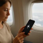 Nő repülőgépen, repülőgép üzemmódban lévő okostelefonnal