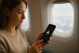 Nő repülőgépen, repülőgép üzemmódban lévő okostelefonnal