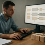 Férfi dolgozik a számítógépen, lapozásos memória kezelés diagramjára figyelve.