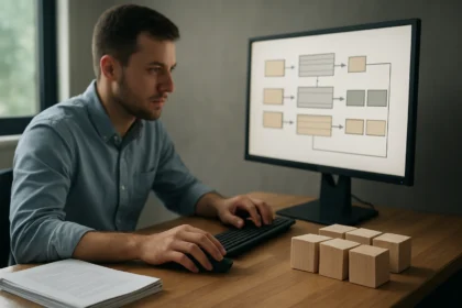 Férfi dolgozik a számítógépen, lapozásos memória kezelés diagramjára figyelve.
