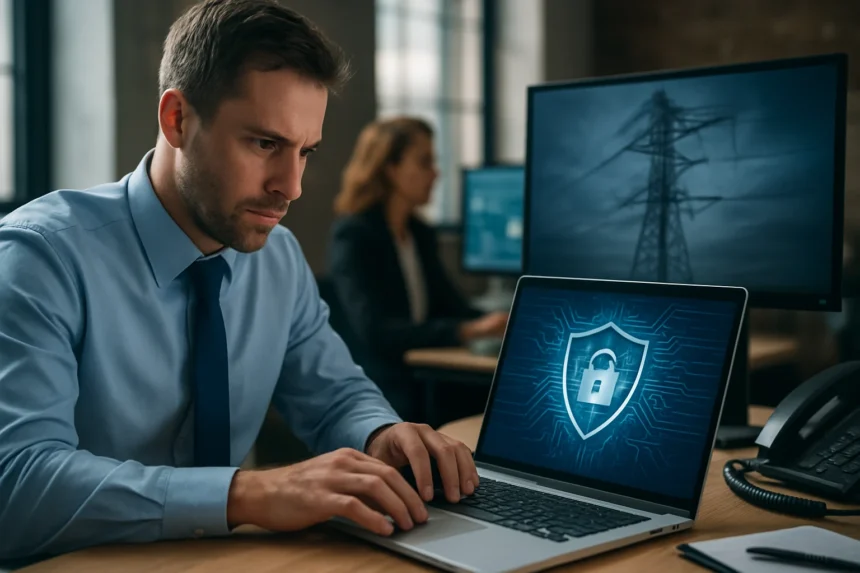 Férfi számítógépen dolgozik, információbiztonság témával foglalkozik.