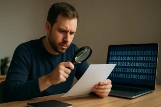 Férfi szteganográfiát tanulmányoz, papírt és számítógépet használ