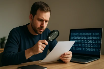 Férfi szteganográfiát tanulmányoz, papírt és számítógépet használ