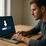 Férfi letöltési folyamat közben laptopon