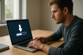 Férfi letöltési folyamat közben laptopon