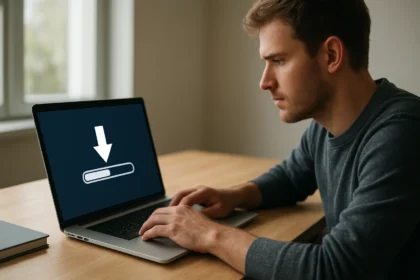 Férfi letöltési folyamat közben laptopon